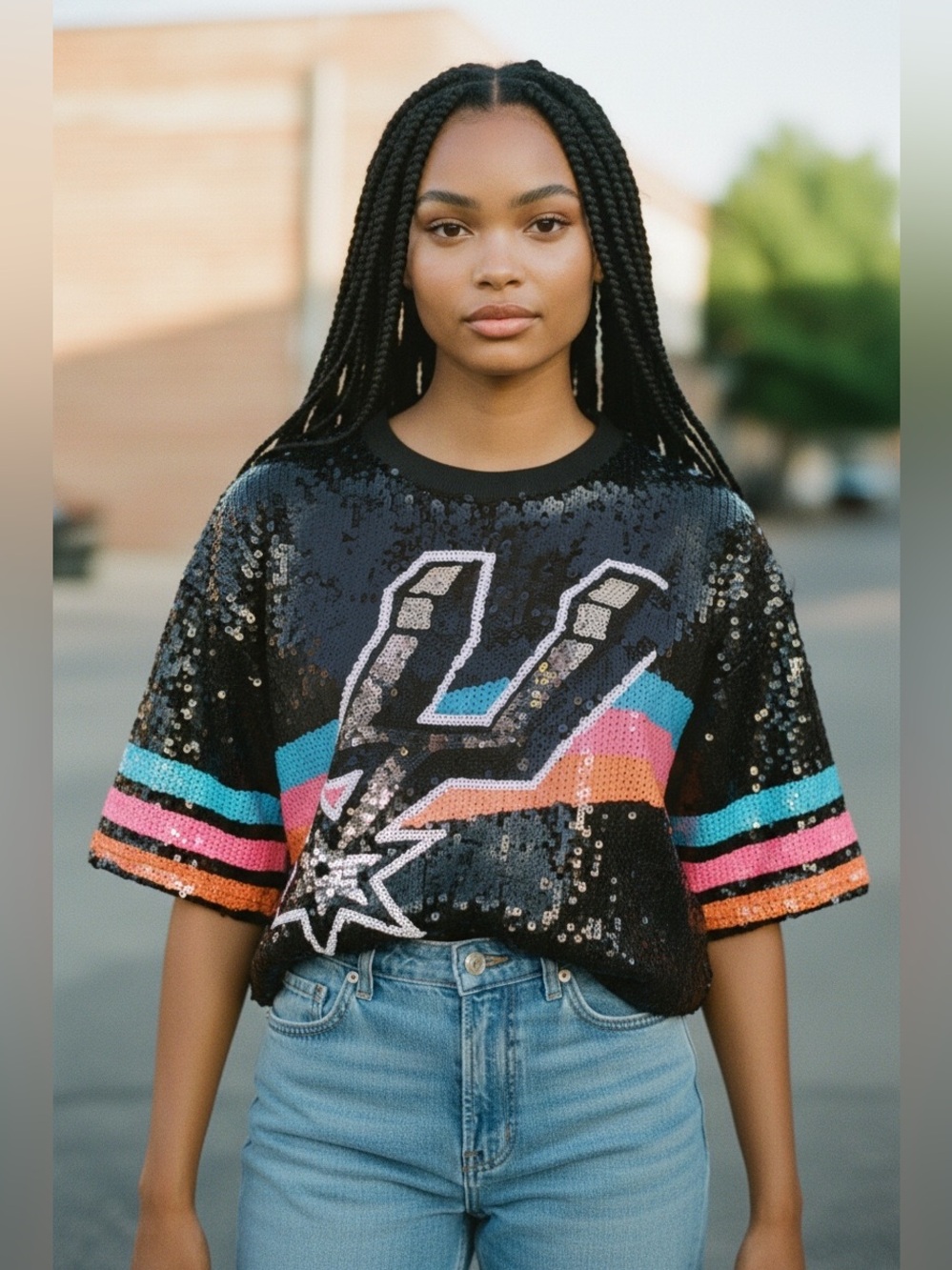 Size M/L San Antonio Sequin Black Crop Top with Vibrant Stripe Logo